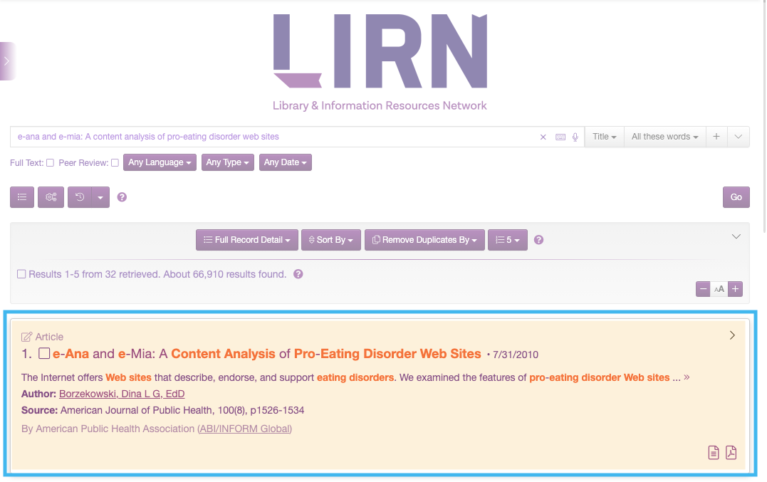 LIRNSearch Title Search Results